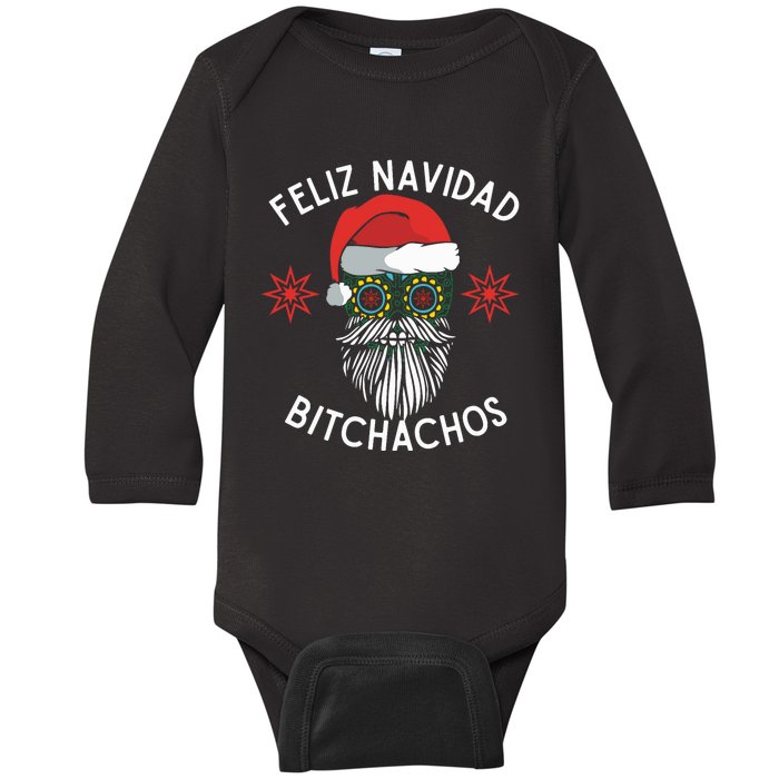 Feliz Navidad Bitchachos Funny Spanish Merry Christmas Skull Baby Long Sleeve Bodysuit