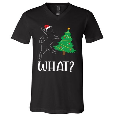 Funny Naughty Black Cat Pushing Christmas Tree Over Cat What V-Neck T-Shirt