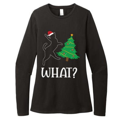 Funny Naughty Black Cat Pushing Christmas Tree Over Cat What Womens CVC Long Sleeve Shirt