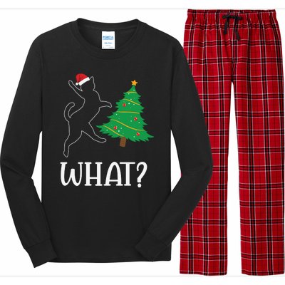 Funny Naughty Black Cat Pushing Christmas Tree Over Cat What Long Sleeve Pajama Set