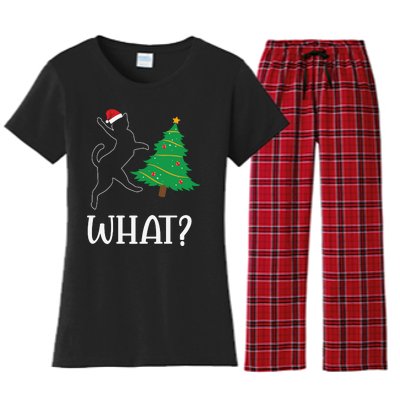 Funny Naughty Black Cat Pushing Christmas Tree Over Cat What Women's Flannel Pajama Set