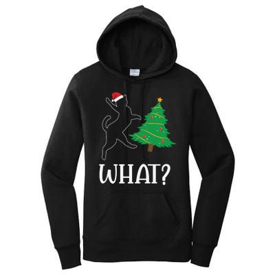 Funny Naughty Black Cat Pushing Christmas Tree Over Cat What Women's Pullover Hoodie