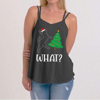 Funny Naughty Black Cat Pushing Christmas Tree Over Cat What Women's Strappy Tank