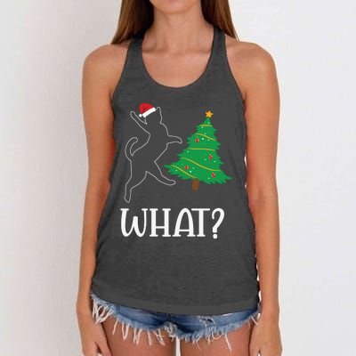 Funny Naughty Black Cat Pushing Christmas Tree Over Cat What Women's Knotted Racerback Tank