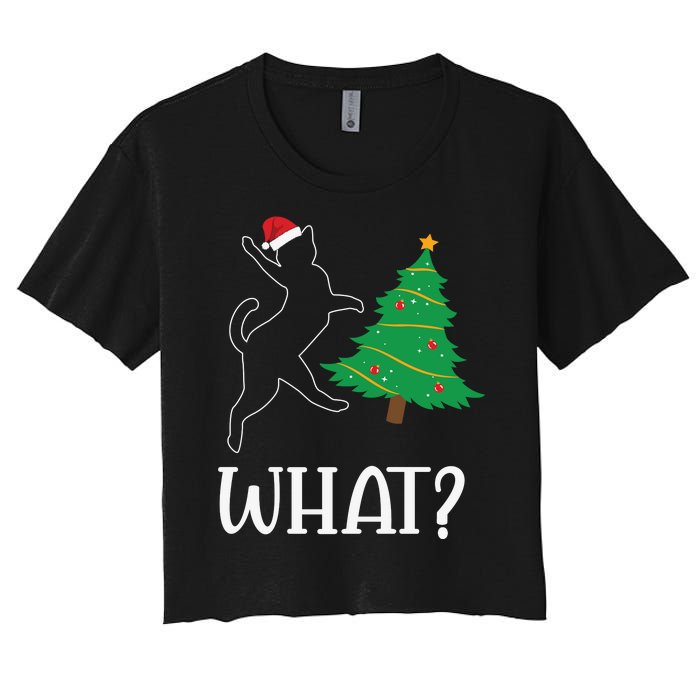 Funny Naughty Black Cat Pushing Christmas Tree Over Cat What Women's Crop Top Tee