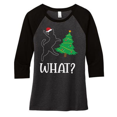 Funny Naughty Black Cat Pushing Christmas Tree Over Cat What Women's Tri-Blend 3/4-Sleeve Raglan Shirt