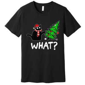 Funny Naughty Black Cat Pushing Christmas Tree Over Cat What Premium T-Shirt