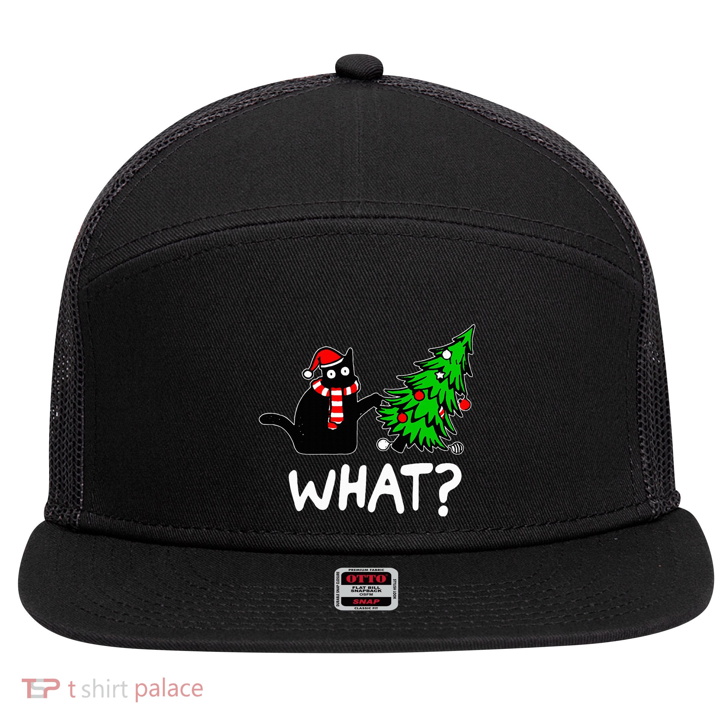 Funny Naughty Black Cat Pushing Christmas Tree Over Cat What 7 Panel Mesh Trucker Snapback Hat