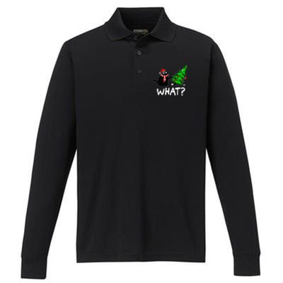 Funny Naughty Black Cat Pushing Christmas Tree Over Cat What Performance Long Sleeve Polo