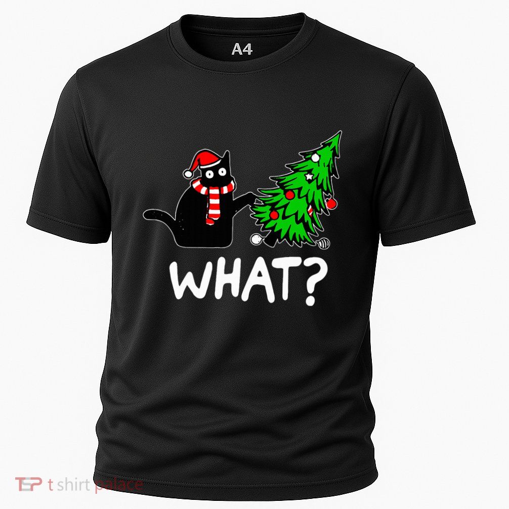 Funny Naughty Black Cat Pushing Christmas Tree Over Cat What Performance Shirt