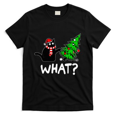 Funny Naughty Black Cat Pushing Christmas Tree Over Cat What T-Shirt