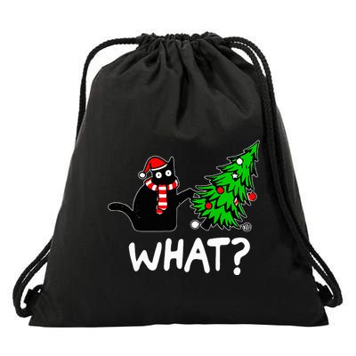Funny Naughty Black Cat Pushing Christmas Tree Over Cat What Drawstring Bag