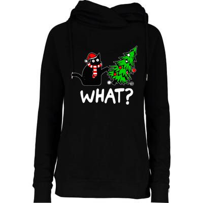Funny Naughty Black Cat Pushing Christmas Tree Over Cat What Womens Funnel Neck Pullover Hood