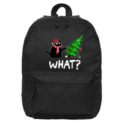 Funny Naughty Black Cat Pushing Christmas Tree Over Cat What 16 in Basic Backpack