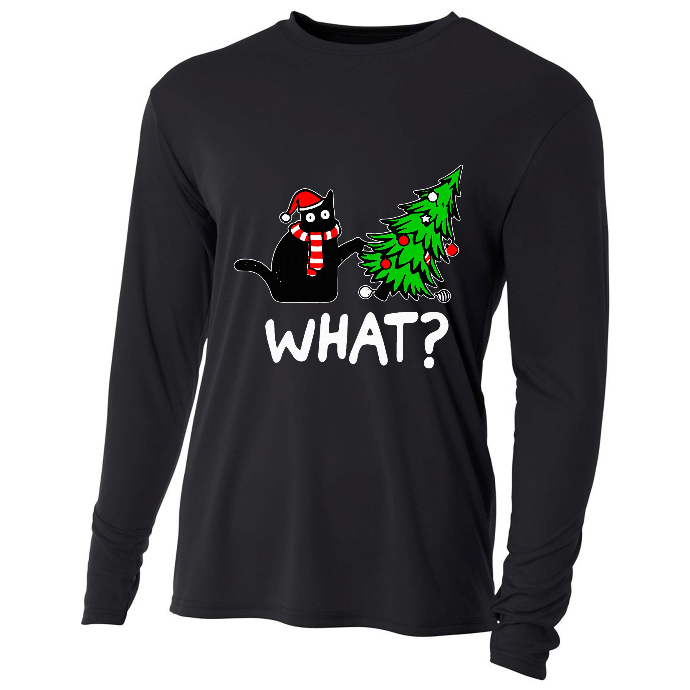 Funny Naughty Black Cat Pushing Christmas Tree Over Cat What Cooling Performance Long Sleeve Crew