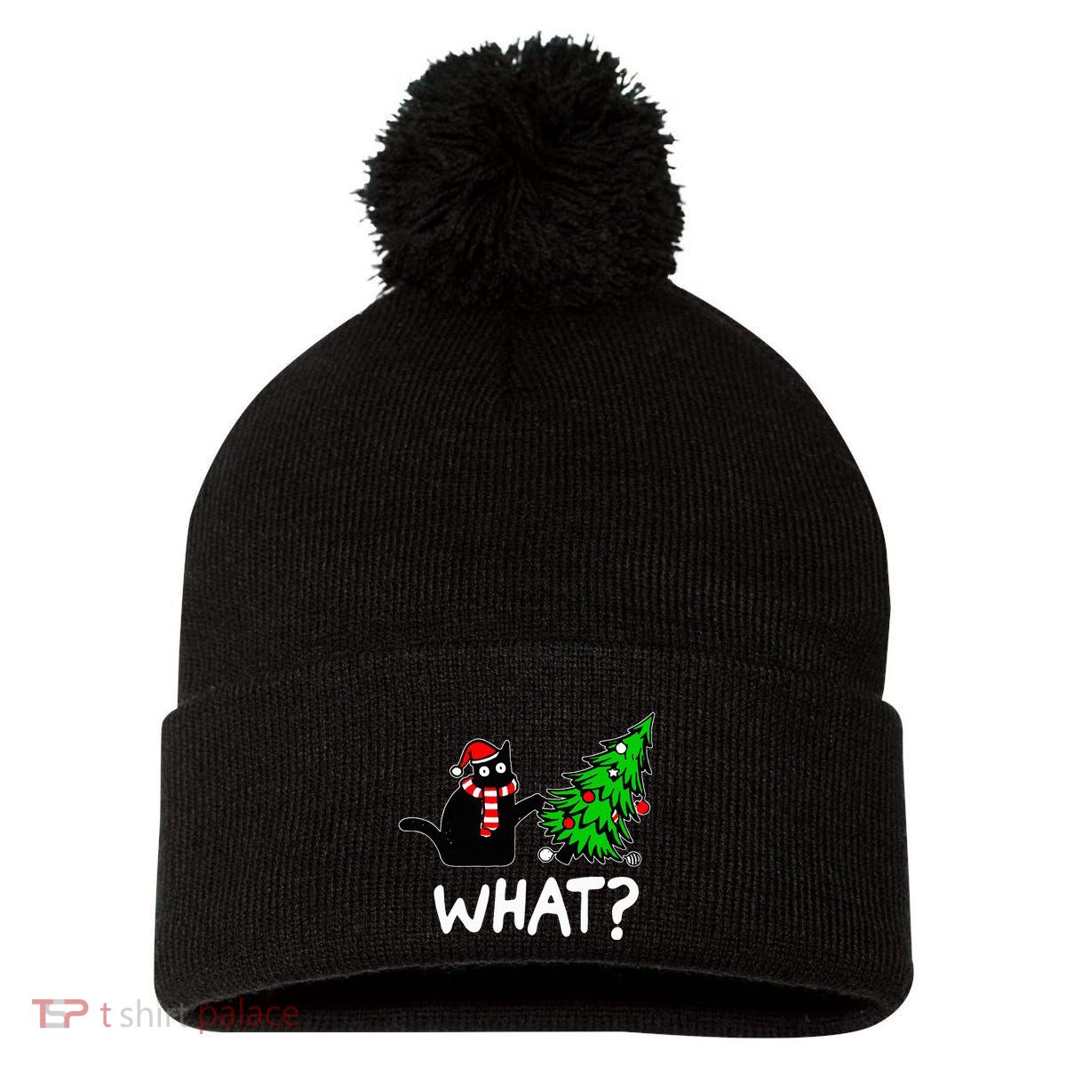 Funny Naughty Black Cat Pushing Christmas Tree Over Cat What Pom Pom 12in Knit Beanie