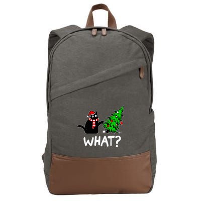 Funny Naughty Black Cat Pushing Christmas Tree Over Cat What Cotton Canvas Backpack