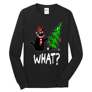 Funny Naughty Black Cat Pushing Christmas Tree Over Cat What Tall Long Sleeve T-Shirt