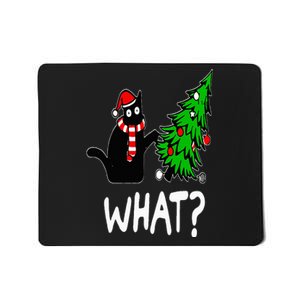 Funny Naughty Black Cat Pushing Christmas Tree Over Cat What Mousepad