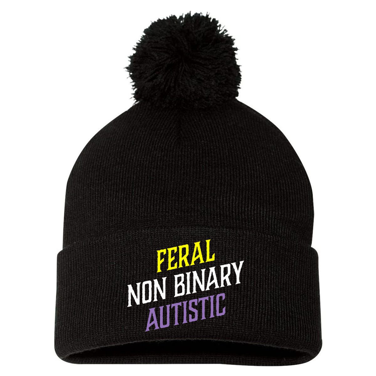 Feral Non Binary Autistic Meme Enby Pride Pom Pom 12in Knit Beanie