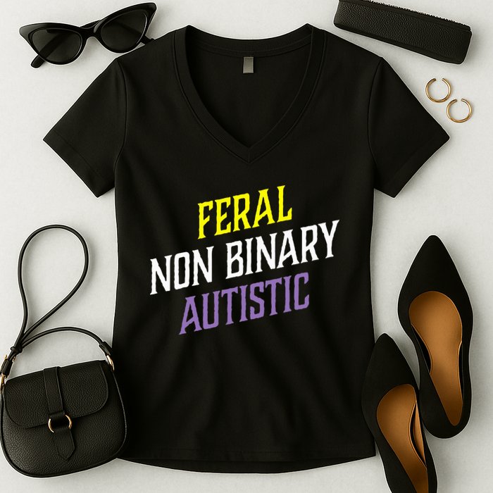 Feral Non Binary Autistic Meme Enby Pride Women's V-Neck T-Shirt