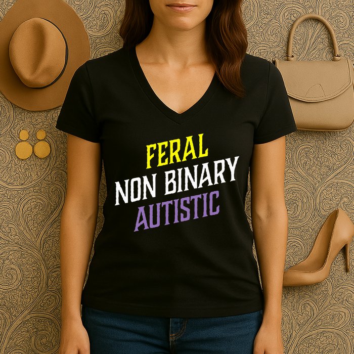 Feral Non Binary Autistic Meme Enby Pride Women's V-Neck T-Shirt