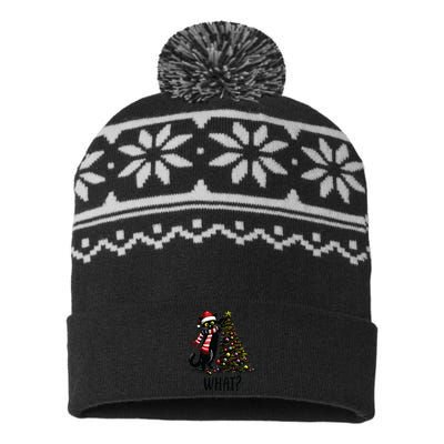 Funny Naughty Black Cat Pushing Christmas Tree Over Cat What USA-Made Snowflake Beanie