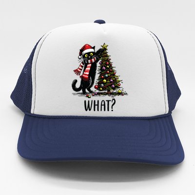 Funny Naughty Black Cat Pushing Christmas Tree Over Cat What Trucker Hat