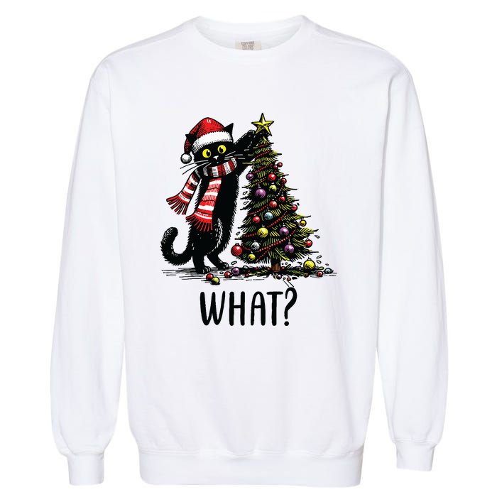 Funny Naughty Black Cat Pushing Christmas Tree Over Cat What Garment-Dyed Sweatshirt