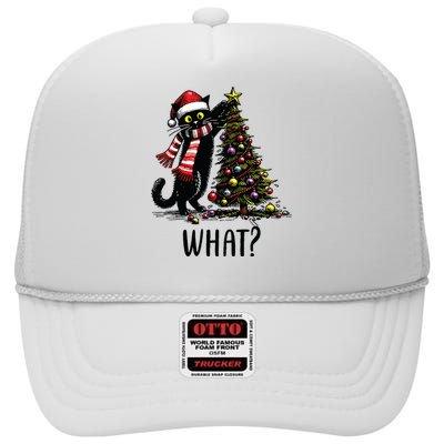 Funny Naughty Black Cat Pushing Christmas Tree Over Cat What High Crown Mesh Back Trucker Hat