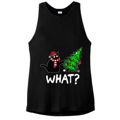 Funny Naughty Black Cat Pushing Christmas Tree Ladies PosiCharge Tri-Blend Wicking Tank