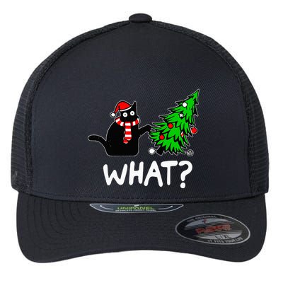 Funny Naughty Black Cat Pushing Christmas Tree Flexfit Unipanel Trucker Cap