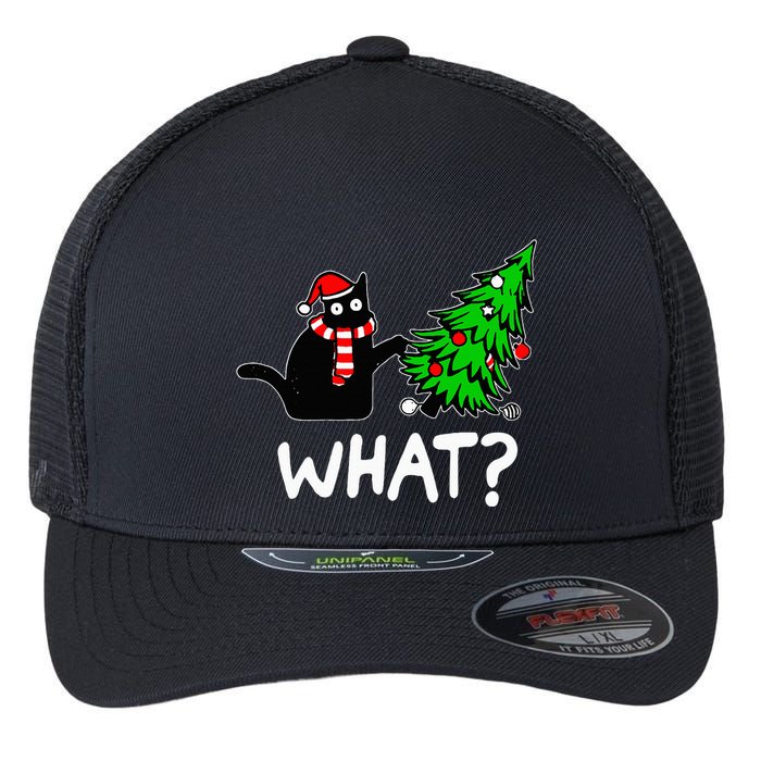 Funny Naughty Black Cat Pushing Christmas Tree Flexfit Unipanel Trucker Cap