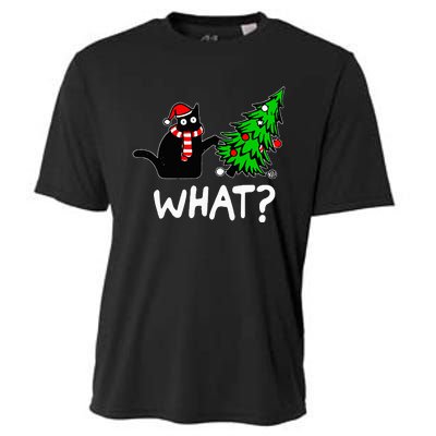 Funny Naughty Black Cat Pushing Christmas Tree Cooling Performance Crew T-Shirt