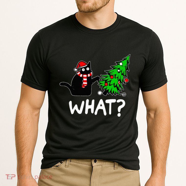 Funny Naughty Black Cat Pushing Christmas Tree Performance Shirt