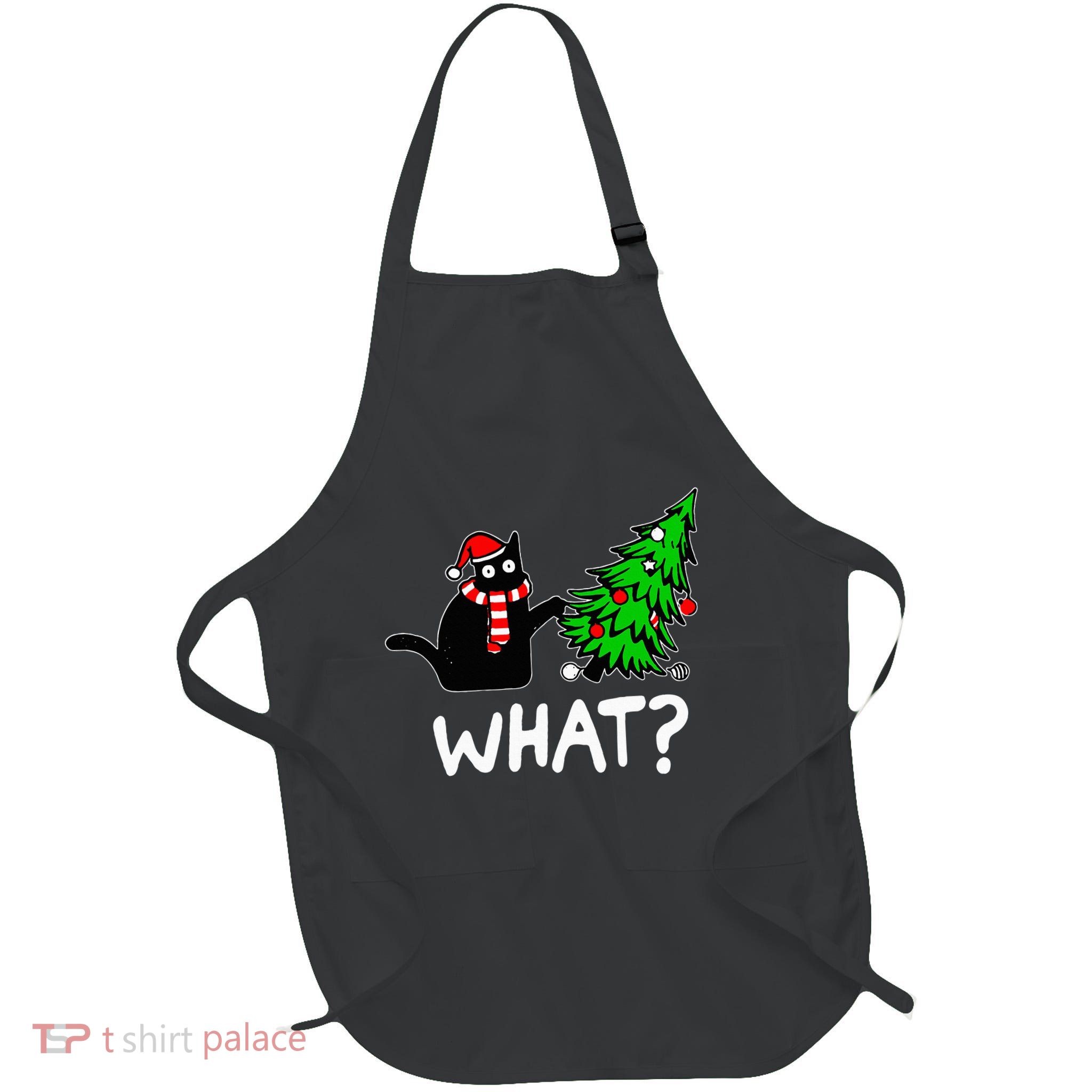 Funny Naughty Black Cat Pushing Christmas Tree Apron