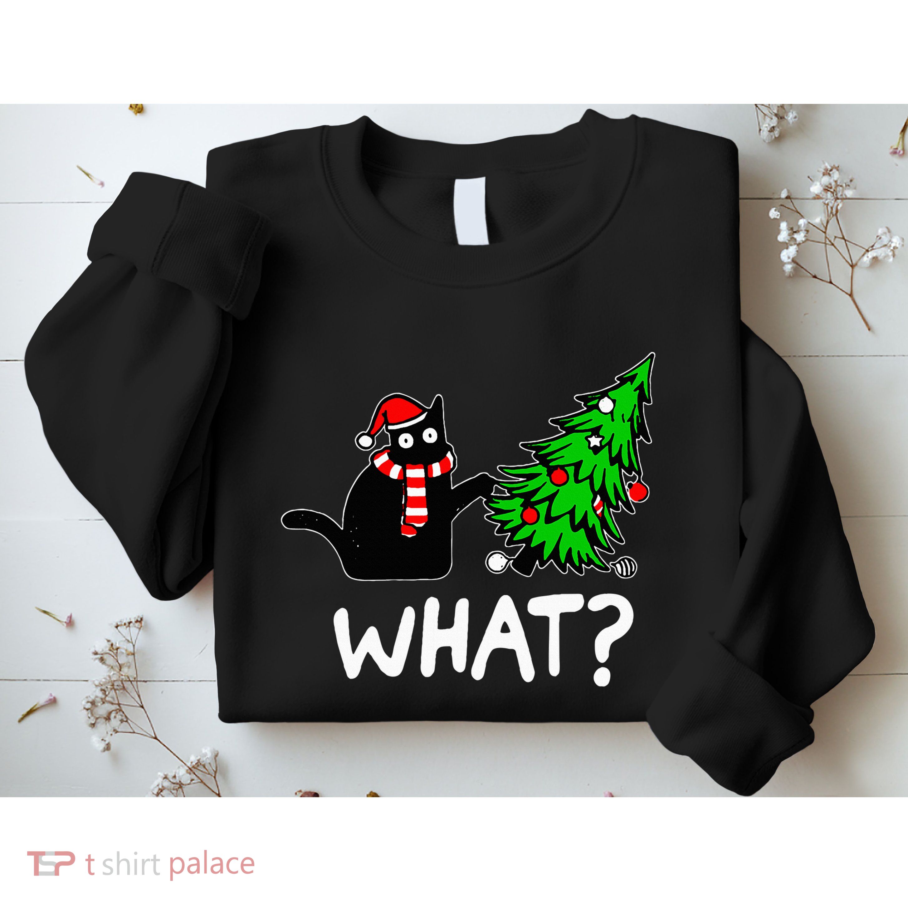 Funny Naughty Black Cat Pushing Christmas Tree Sweatshirt