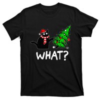 Funny Naughty Black Cat Pushing Christmas Tree T-Shirt