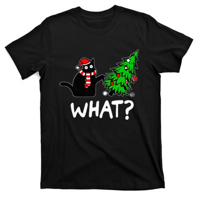 Funny Naughty Black Cat Pushing Christmas Tree T-Shirt