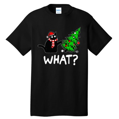 Funny Naughty Black Cat Pushing Christmas Tree Tall T-Shirt