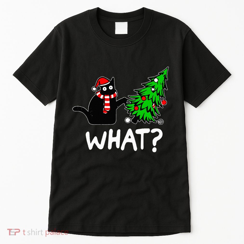 Funny Naughty Black Cat Pushing Christmas Tree Tall T-Shirt