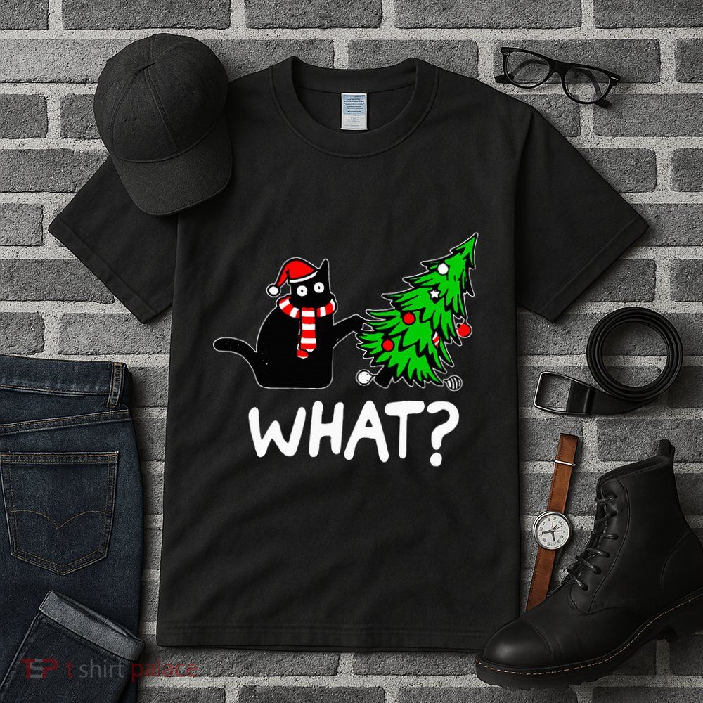 Funny Naughty Black Cat Pushing Christmas Tree Tall T-Shirt