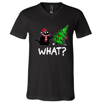 Funny Naughty Black Cat Pushing Christmas Tree V-Neck T-Shirt