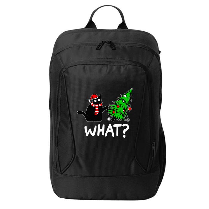 Funny Naughty Black Cat Pushing Christmas Tree City Backpack