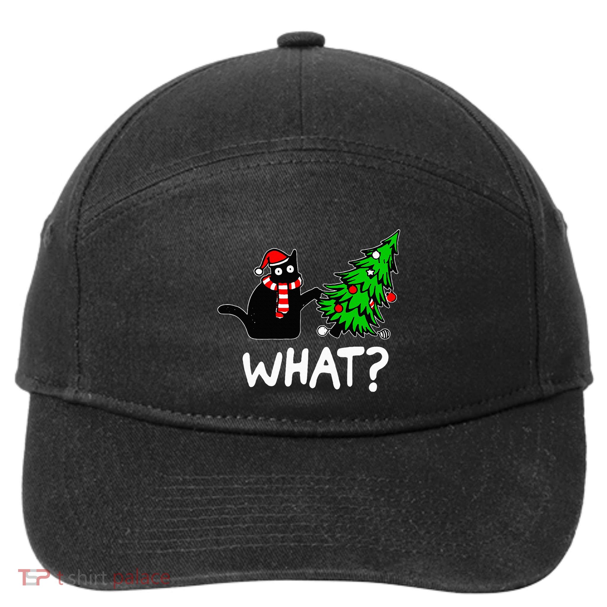 Funny Naughty Black Cat Pushing Christmas Tree 7-Panel Snapback Hat