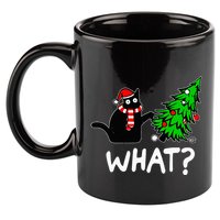 Funny Naughty Black Cat Pushing Christmas Tree 11oz C Handle Ceramic Mug