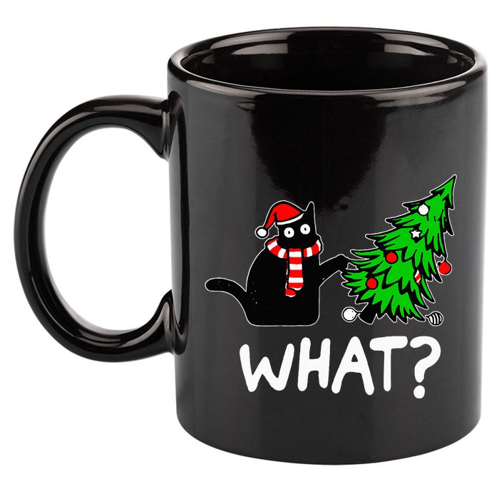 Funny Naughty Black Cat Pushing Christmas Tree 11oz C Handle Ceramic Mug