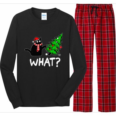 Funny Naughty Black Cat Pushing Christmas Tree Long Sleeve Pajama Set