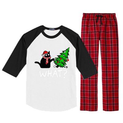 Funny Naughty Black Cat Pushing Christmas Tree Raglan Sleeve Pajama Set