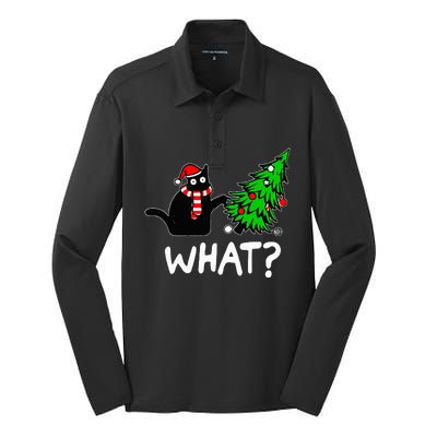 Funny Naughty Black Cat Pushing Christmas Tree Silk Touch Performance Long Sleeve Polo